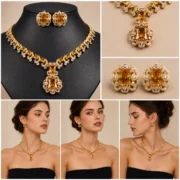 Bridal Champagne Gemstone Necklace Earring Set Formal Party Luxury Jewellery - Image 3