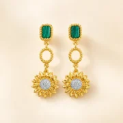 intage Carved Gold Sunflower Earrings Inlaid Emerald Crystal Elegant Dangling Ear Ornaments - Image 5