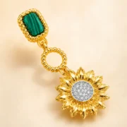intage Carved Gold Sunflower Earrings Inlaid Emerald Crystal Elegant Dangling Ear Ornaments - Image 3