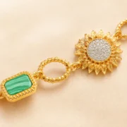 Vintage Carved Gold Link Necklace Inlaid Emerald & Sunflower Zircon Elegant Party Neckwear - Image 4