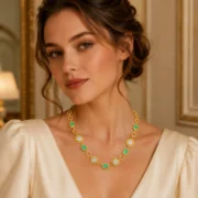 Vintage Carved Gold Link Necklace Inlaid Emerald & Sunflower Zircon Elegant Party Neckwear - Image 2