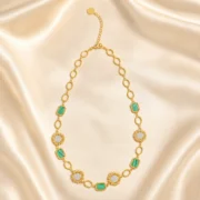 Vintage Carved Gold Link Necklace Inlaid Emerald & Sunflower Zircon Elegant Party Neckwear - Image 6