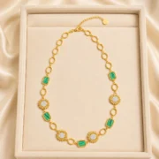 Vintage Carved Gold Link Necklace Inlaid Emerald & Sunflower Zircon Elegant Party Neckwear - Image 5
