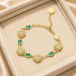 Retro Emerald Sunflower Gold Link Bracelet