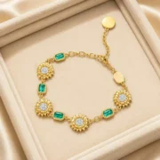 Retro Emerald Sunflower Gold Link Bracelet