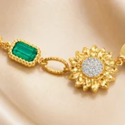 Retro Emerald Sunflower Gold Link Bracelet - Image 4